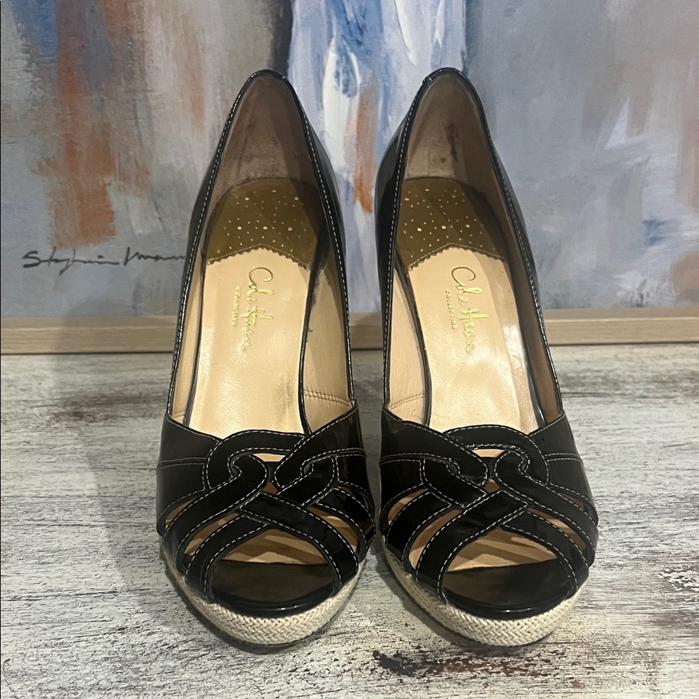 Cole Haan Black Peep Toe Heels with Woven Design